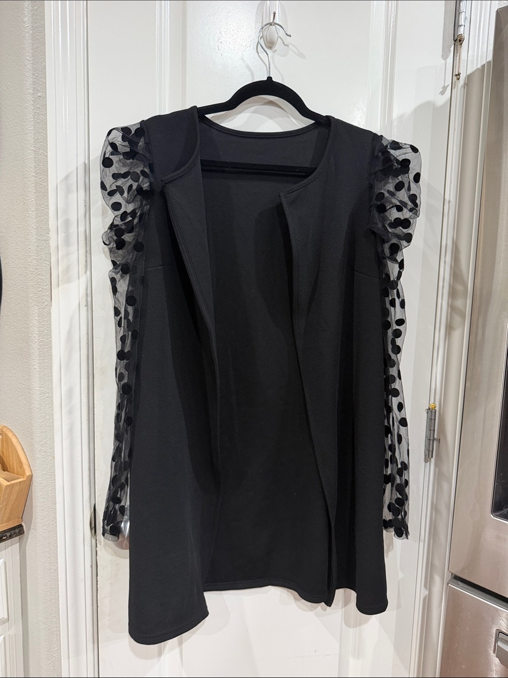 Black Sheer Polka Dot Sleeve Women's open front jacket NWOT